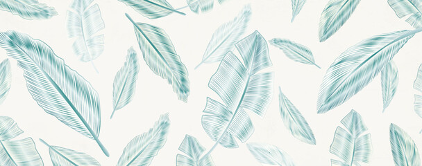 Abstract art background featuring tropical leaves or feathers in green and blue with line elements. Botanical banner for decor, wallpaper, prints, textiles, posters, and interior design.