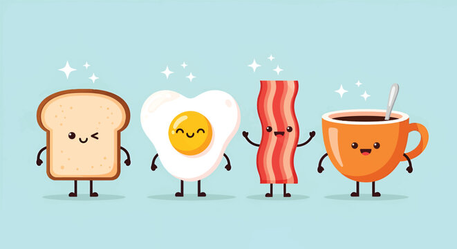 Cute cartoon breakfast characters toast egg bacon coffee Vector Illustration.