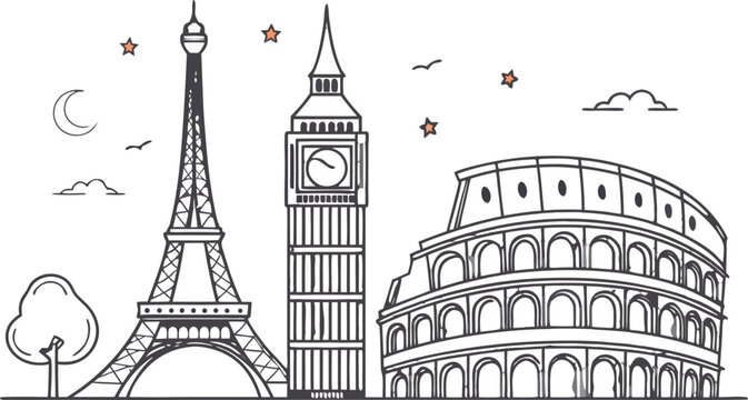 Black and white of Eiffel Tower Big Ben and Colosseum landmarks European landmarks