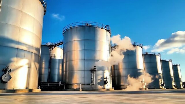 Row of huge steel silo towers at industrial plant under bright day sky, modern manufacturing landscape emphasizes massive production scale and storage systems, concept of heavy industry power site