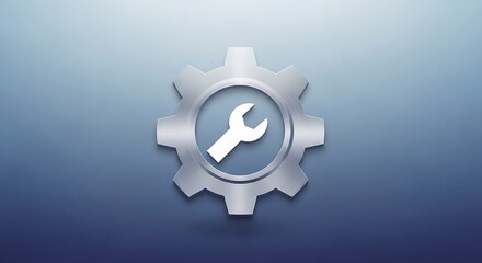 Obraz premium A silver gear icon with a wrench on a gradient blue background