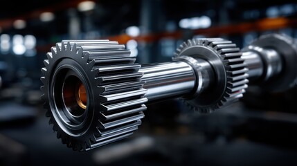 Fototapeta premium Close-up of interlocking metal gears in motion, highlighting precise mechanical movement for industrial manufacturing themes.