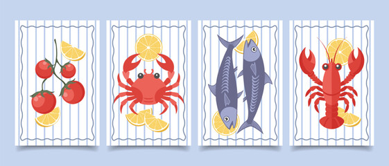Fototapeta premium Set of cards with fresh seafoods with lemon slices. Sardines, crab, lobster. Collection of Italian cuisine posters. Mediterranean menu cards set.