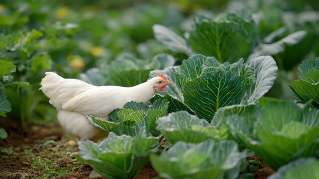 White chicken roaming freely among green cabbage heads in organic farm garden with soft natural sunlight, authentic rural lifestyle concept
