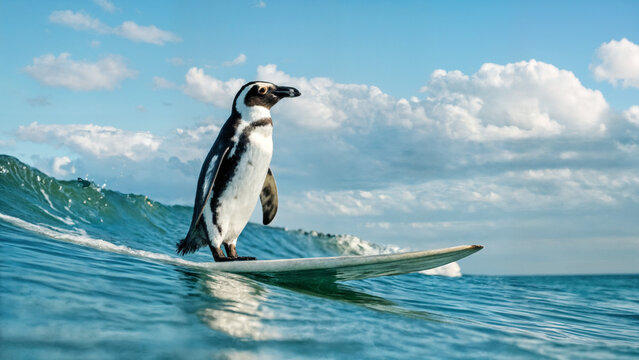 penguin in the sea. Penguin conquers the waves on a surfboard