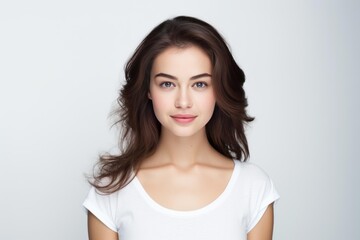 Young woman smiling with natural beauty on a neutral studio background