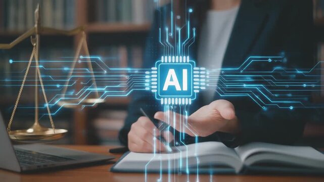 Professional in legal or academic setting with AI circuit overlay, justice scale, laptop, and book, symbolizing intersection of artificial intelligence with law and education.