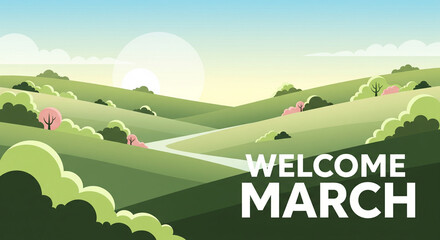 Welcome March spring landscape banner with blooming flowers and rolling green hills