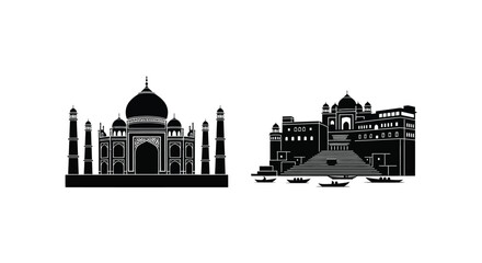 Taj mahal and hawa mahal india monuments in black silhouette