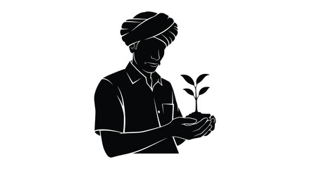 Indian farmer holding a seedling depicted as a striking black silhouette © MdAbulBasher