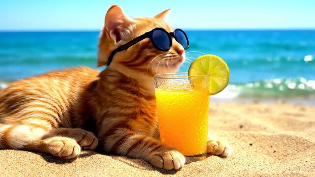 Ginger cat wearing sunglasses relaxing on a sunny sandy beach next to a cold drink with a lime slice and sparkling ocean waves