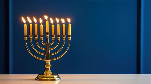 Elegant menorah with lit candles against a blue background: a symbol of tradition and light