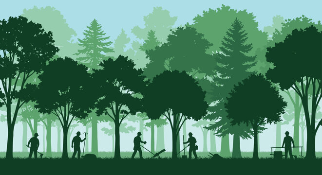 Beautiful green silhouette vector illustration depicting professional forest workers and gardeners performing landscape maintenance among tall lush pine trees.
