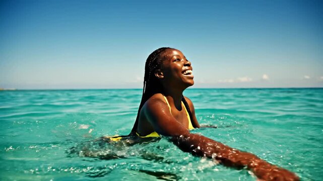 Joyful Black woman smiling in clear turquoise ocean water