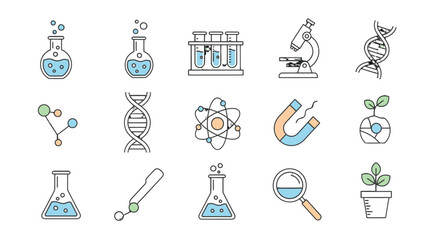 Collection of simple line icons representing scientific concepts and laboratory equipment.