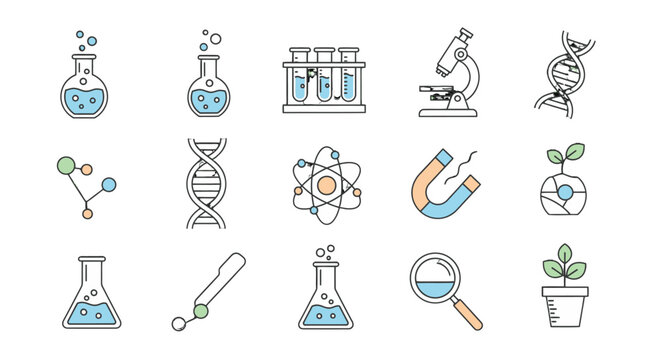 Collection of simple line icons representing scientific concepts and laboratory equipment.