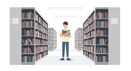 Young adult reading in a modern library with bookshelves © Sir Gant