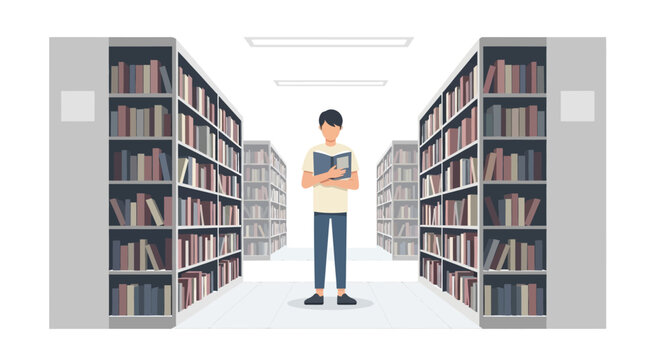 Young adult reading in a modern library with bookshelves