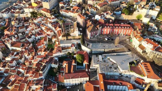 Lisbon Alfama to Praca do Comercio &ndash; Top Down Sunrise Aerial
