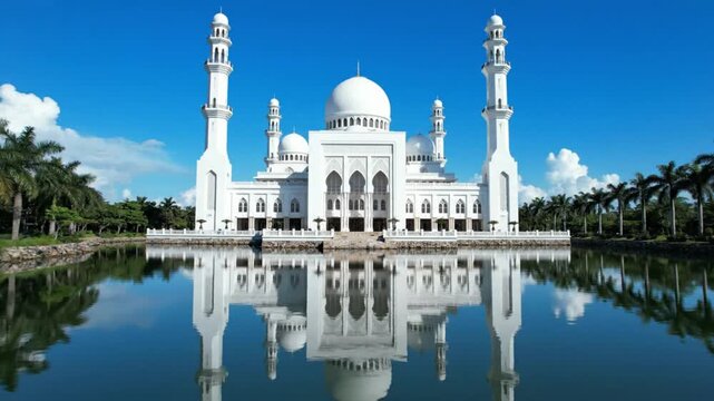 A majestic white mosque with domes and minarets reflected in calm water under a clear blue sky.