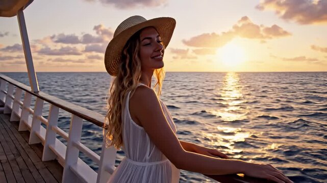 Young woman enjoying golden sunset light and ocean view from a boat deck railing