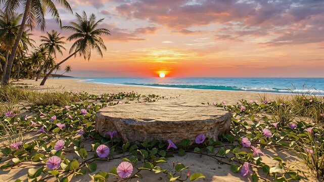 Mock up on the stone product podium in the center foreground for advertising with  waves on the beach and nature background in the sunrise