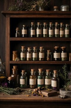 Frascos de hierbas medicinales y aceites esenciales en estanter&iacute;a de madera r&uacute;stica