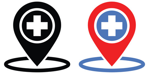 Obraz premium Hospital location icon set, pharmacy and medical facility location symbols, including doctor coordinates, vector icons for maps, healthcare apps, navigation, and public health services.