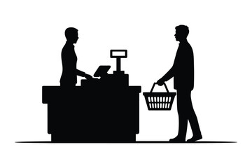 Customer at checkout counter with shopping basket silhouette