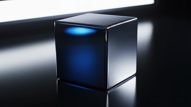 A dark, glossy rectangular prism reflects ambient light. It is presented on a mirrored surface