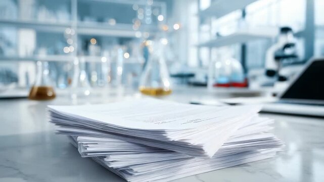 Papers are neatly stacked in the foreground of a laboratory filled with beakers, flasks, and advanced scientific tools. The scene conveys a sense of research, discovery, and academic productivity