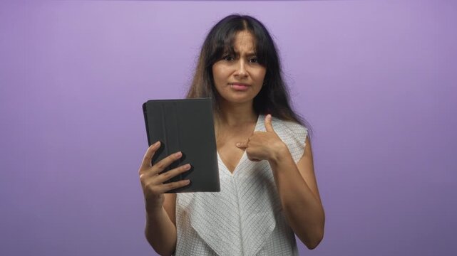Hispanic woman holding black tablet and pointing to chest in studio with purple backdrop; self doubt.