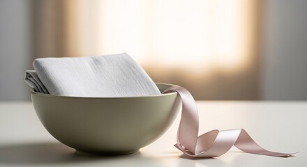 A light green ceramic bowl with neatly folded white linen napkins sits on a white table, accompanied by a flowing pink ribbon