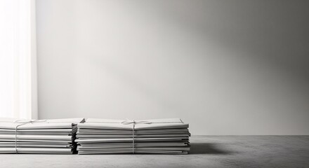Neatly stacked bundles of white paper documents tied with string, representing data organization, paperwork, or administrative tasks in office setting, clean background.