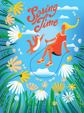 A girl and a cat happily jump rope in a spring meadow, surrounded by bright wildflowers, grasses and dragonflies. Springtime's poster or banner. Handmade drawing vector illustration doodle cartoon.