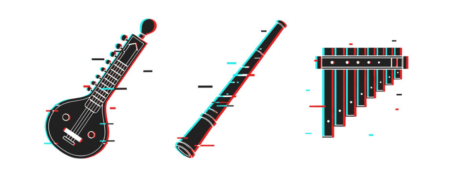 Digital glitch art of string, wind, and percussion instruments