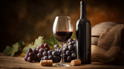 Obraz premium Red wine sits in a glass next to a bottle and grapes on a wooden table during evening light