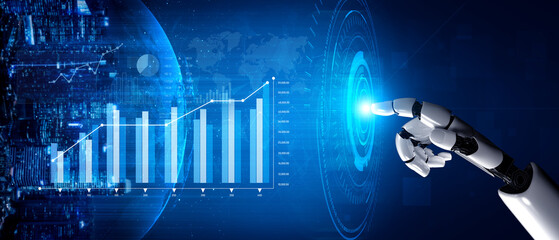 A futuristic robotic hand interacts with a bright digital interface, displaying data visualizations and graphs, symbolizing innovation and advanced technology in a modern landscape. Scalp