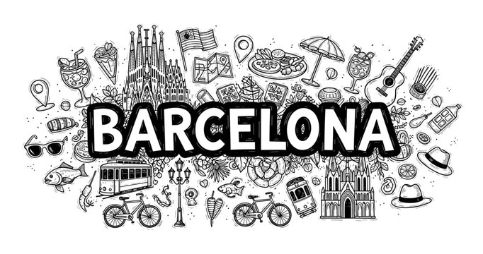 Barcelona doodles: iconic symbols and landmarks in black and white