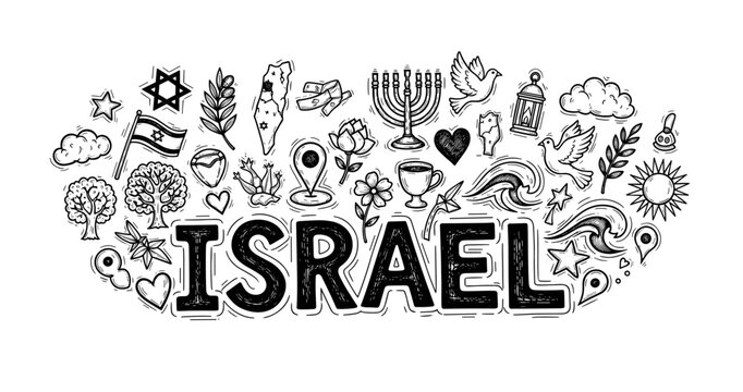 Israel doodle art with landmarks, nature, and culture icons in black and white