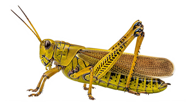 A yellow and black grasshopper on a white background