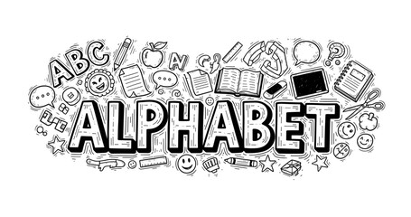 Fototapeta premium Fun hand-drawn alphabet doodles with educational elements and icons