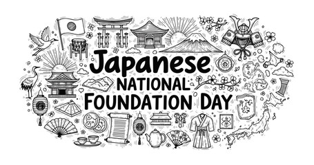 Fototapeta premium Japanese national foundation day illustrations: traditional symbols and cultural icons