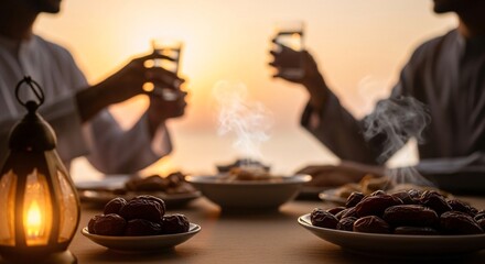 Muslim family enjoying iftar meal together, breaking fast with water and dates during holy month of ramadan, traditional lantern in foreground