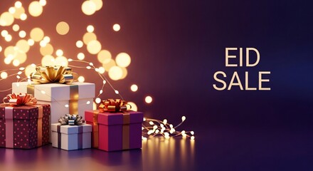Eid sale promotional image with stack of colorful gift boxes tied with bows and sparkling string lights on a gradient dark blue to purple background