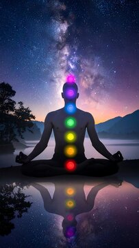 Silhouette meditating figure w/ chakra points aligned under a starry, galactic sky