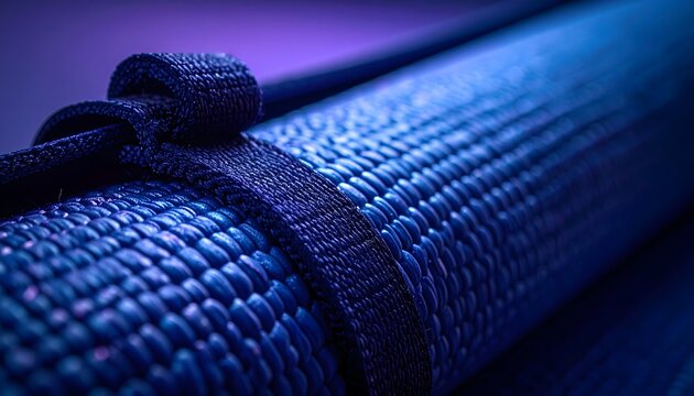 Esterilla de yoga enrollada con correa en iluminaci&oacute;n azul y morada estilo minimalista