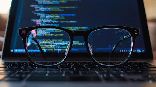 photo of modern glasses in front of a laptop  the lenses feature a sharp vivid reflection computer programming binary code in neon blue bokeh background with copy space for campaigns hd quality