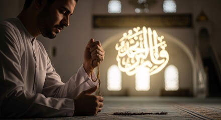 Middle eastern man praying in mosque holding prayer beads with light effect background during ramadan showing spiritual devotion and peaceful religious worship experience