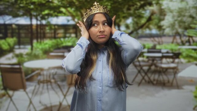 Woman wearing gold crown and light blue shirt holds hands to ears and winks while grimacing on outdoor restaurant terrace with metal tables; annoyed.